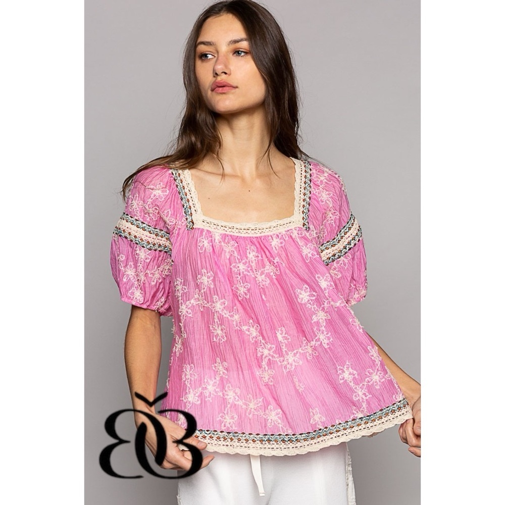 POL Pink Floral Embroidered Square Neck Chiffon Top Oversized - Picture 9 of 10